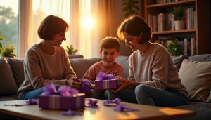 femmes qui offrent un cadeau à un enfant